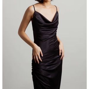 Zara Black Cowl Neck Ruched Midi Dress. With a cowl neckline + spaghetti straps